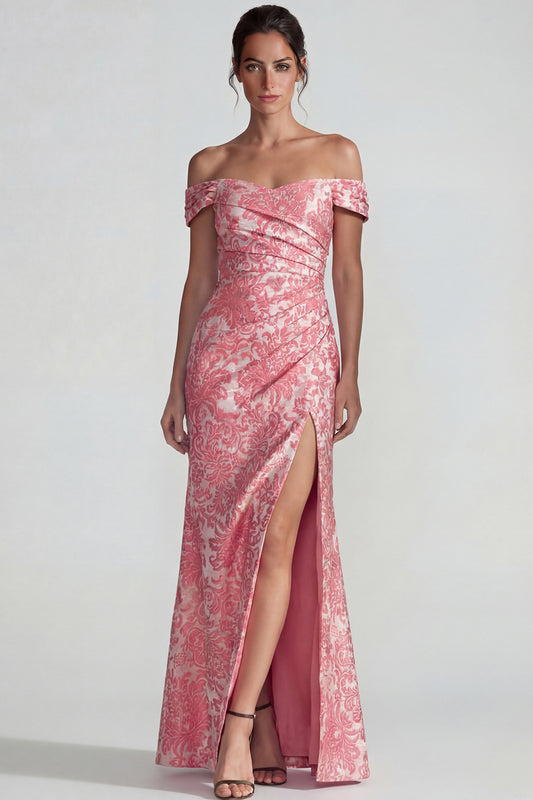 Blush Off the Shoulder Mermaid Jacquard Long Wedding Guest Dress