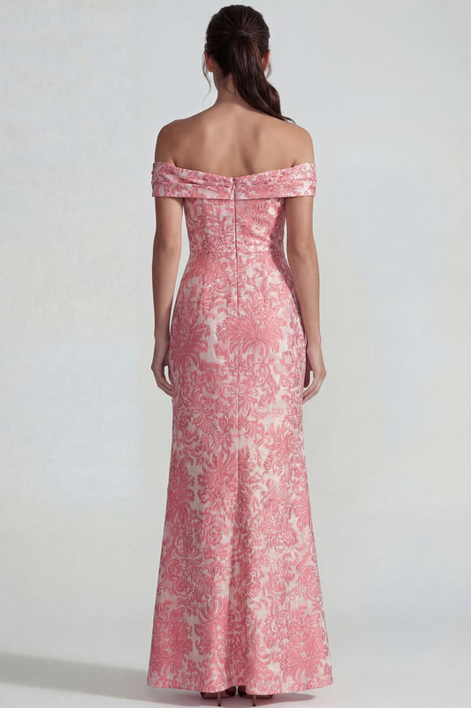 Blush Off the Shoulder Mermaid Jacquard Long Wedding Guest Dress