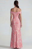 Blush Off the Shoulder Mermaid Jacquard Long Wedding Guest Dress