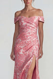 Blush Off the Shoulder Mermaid Jacquard Long Wedding Guest Dress