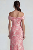 Blush Off the Shoulder Mermaid Jacquard Long Wedding Guest Dress