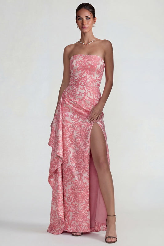 Strapless Sheath Jacquard Floral Ruffled Long Wedding Guest Dress with Slit