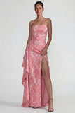 Strapless Sheath Jacquard Floral Ruffled Long Wedding Guest Dress with Slit