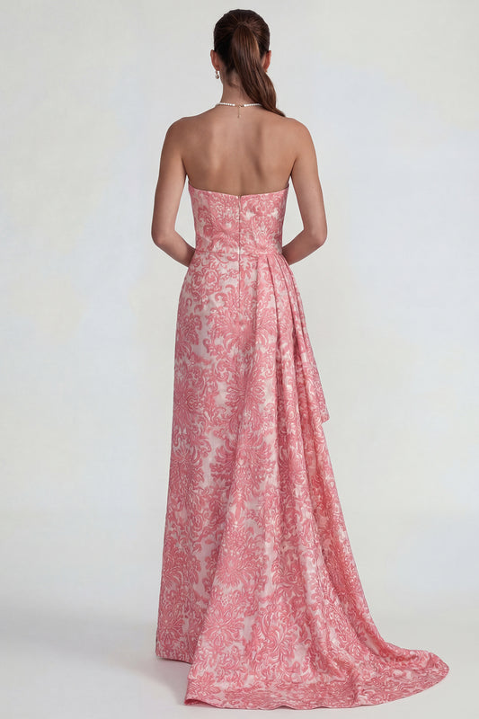 Strapless Sheath Jacquard Floral Ruffled Long Wedding Guest Dress with Slit