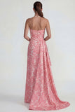 Strapless Sheath Jacquard Floral Ruffled Long Wedding Guest Dress with Slit