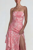 Strapless Sheath Jacquard Floral Ruffled Long Wedding Guest Dress with Slit