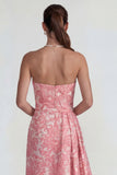 Strapless Sheath Jacquard Floral Ruffled Long Wedding Guest Dress with Slit