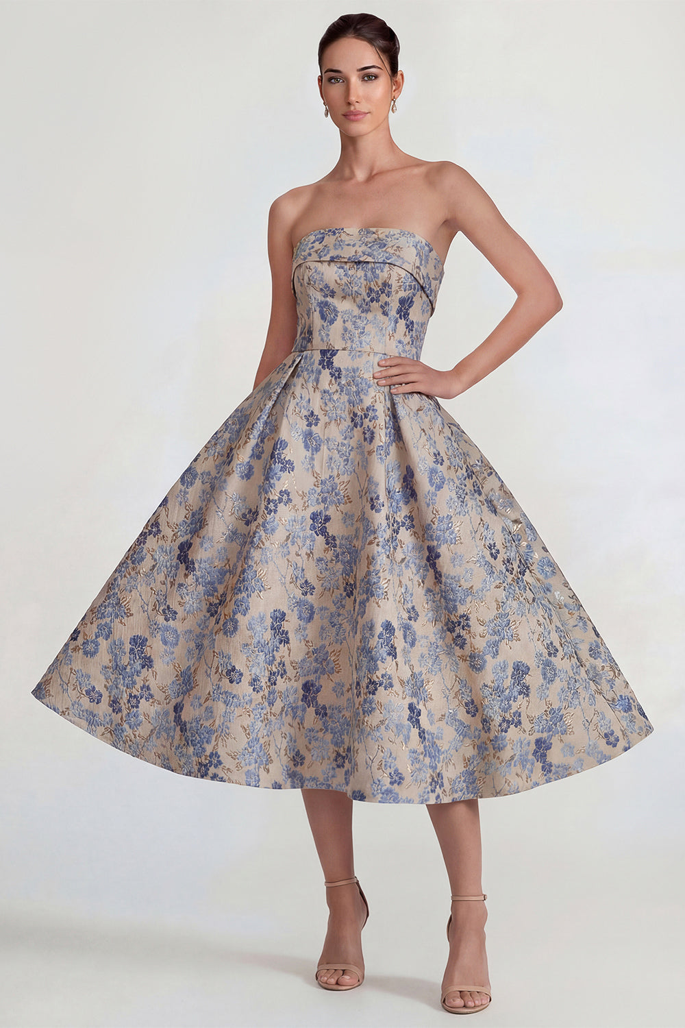 Grey Blue A Line Jacquard Floral Strapless Long Wedding Guest Dress