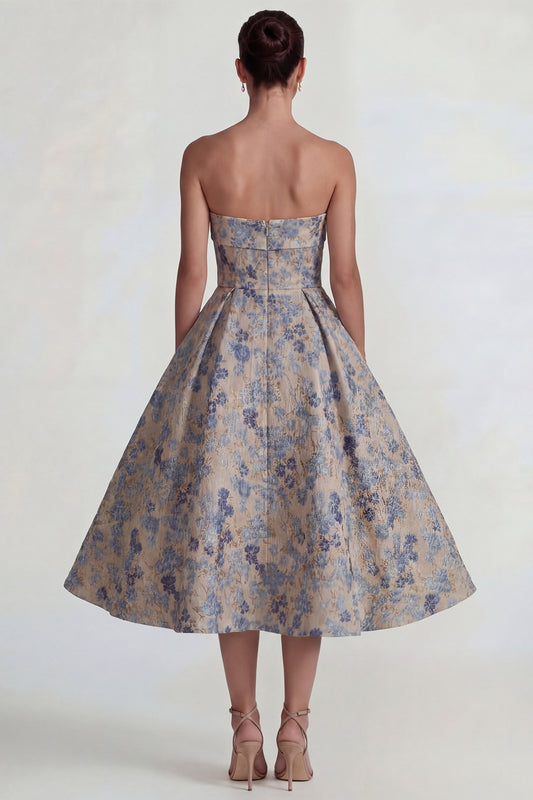 Grey Blue A Line Jacquard Floral Strapless Long Wedding Guest Dress