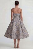 Grey Blue A Line Jacquard Floral Strapless Long Wedding Guest Dress