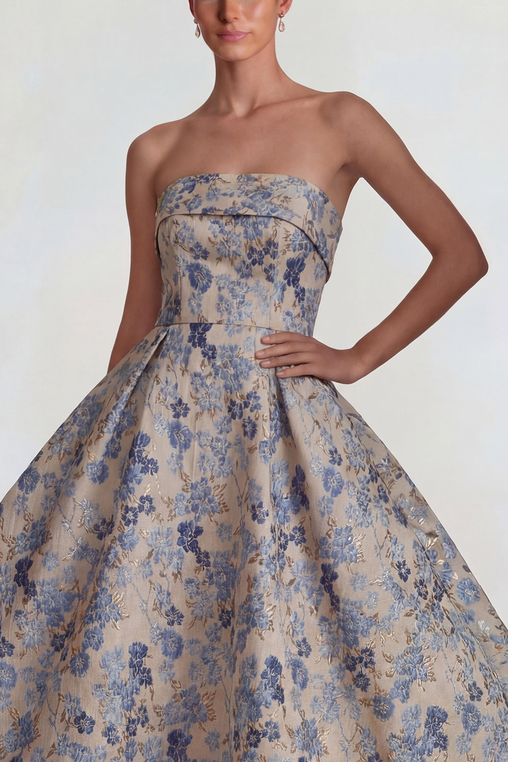 Grey Blue A Line Jacquard Floral Strapless Long Wedding Guest Dress