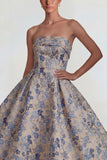 Grey Blue A Line Jacquard Floral Strapless Long Wedding Guest Dress