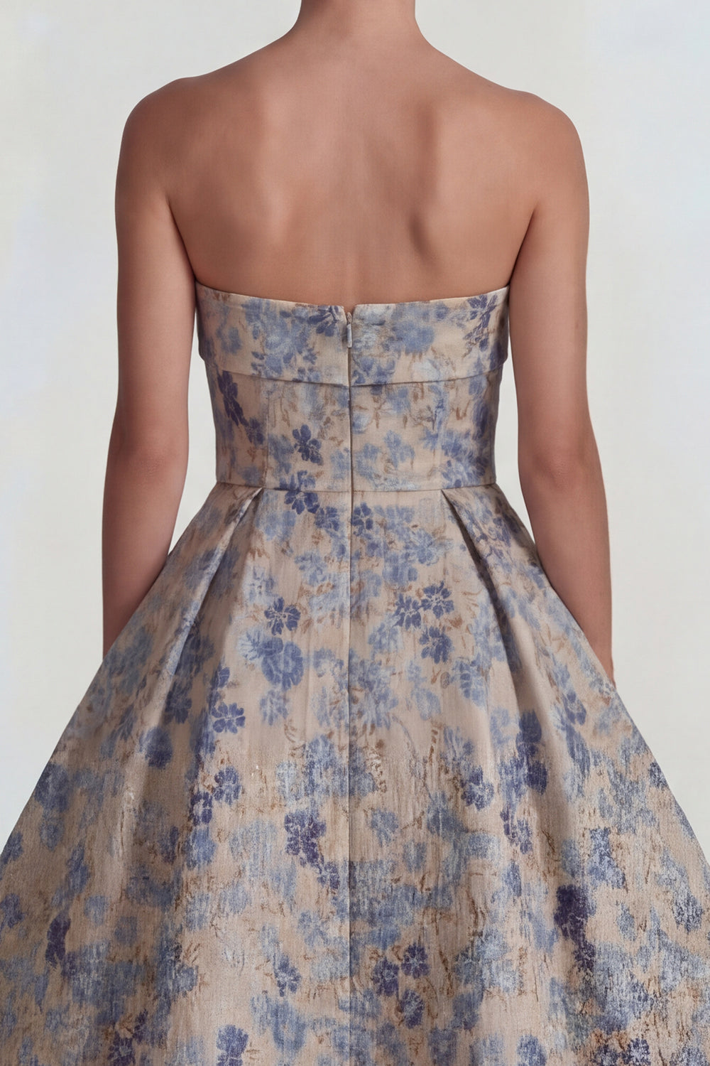 Grey Blue A Line Jacquard Floral Strapless Long Wedding Guest Dress
