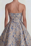 Grey Blue A Line Jacquard Floral Strapless Long Wedding Guest Dress