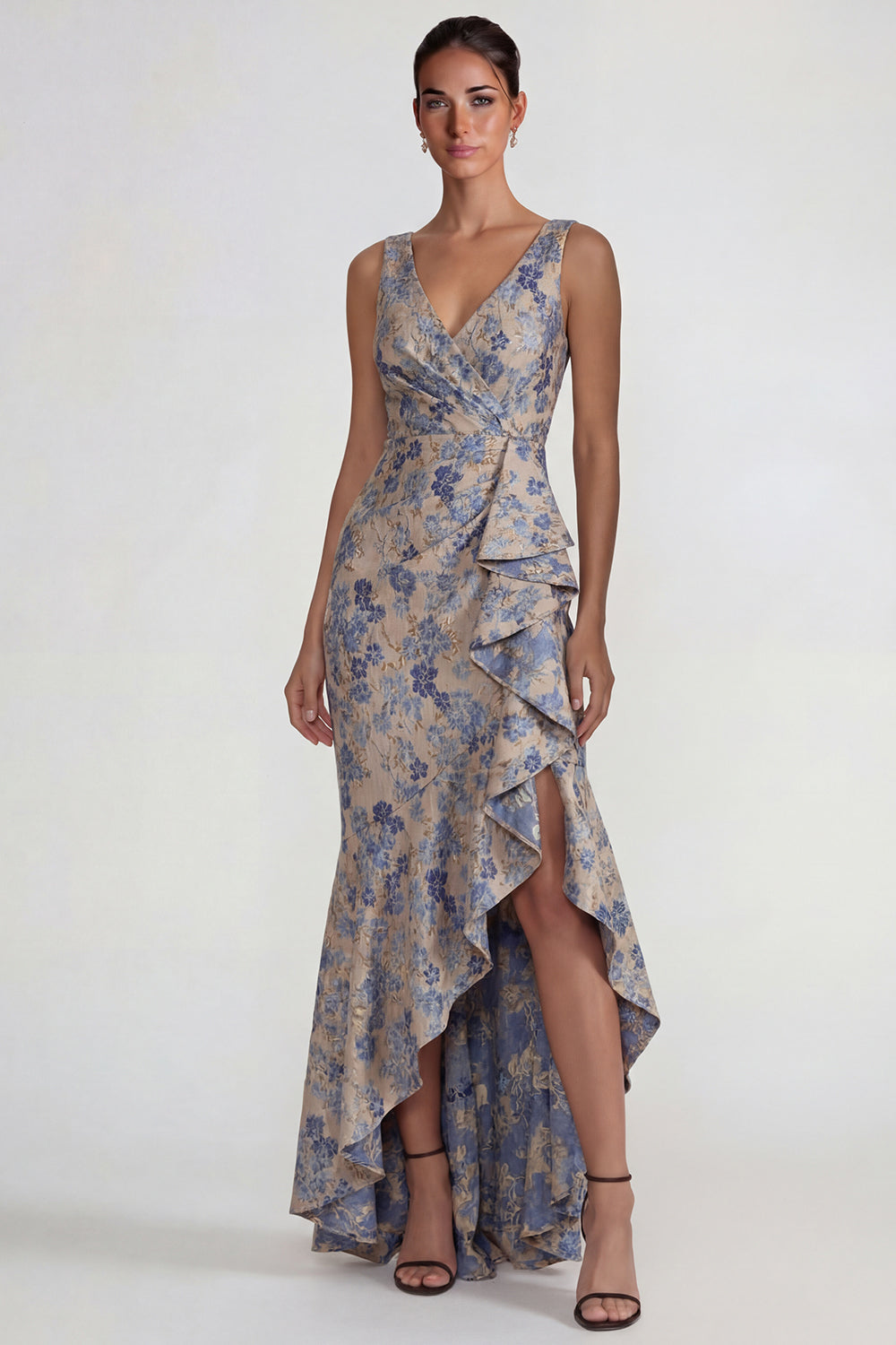 Grey Blue V Neck Ruffled Jacquard Floral Long Mermaid Wedding Guest Dress with Slit