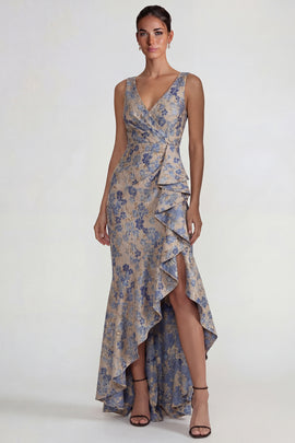 Grey Blue V Neck Ruffled Jacquard Floral Long Mermaid Wedding Guest Dress with Slit