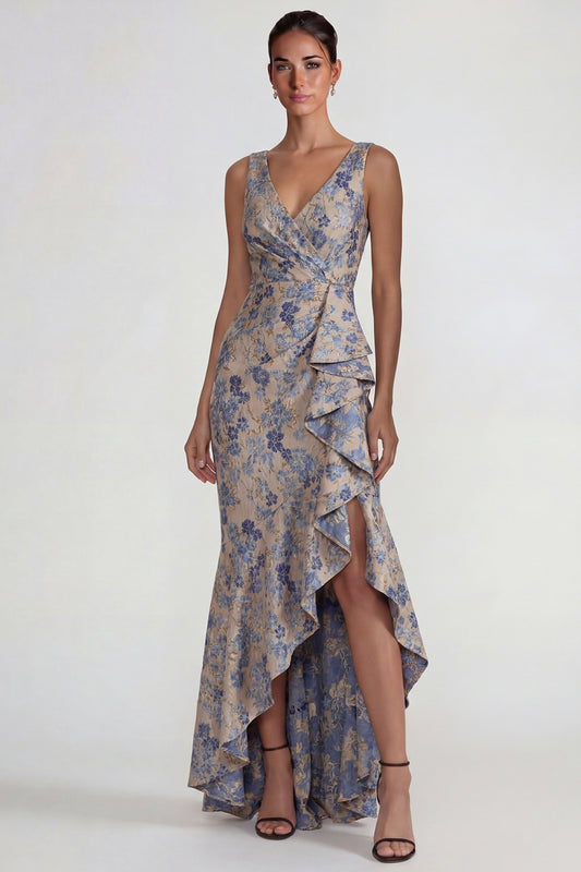 Grey Blue V Neck Ruffled Jacquard Floral Long Mermaid Wedding Guest Dress with Slit