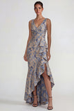 Grey Blue V Neck Ruffled Jacquard Floral Long Mermaid Wedding Guest Dress with Slit