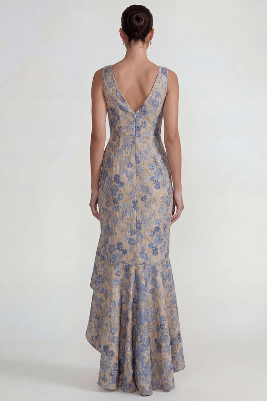 Grey Blue V Neck Ruffled Jacquard Floral Long Mermaid Wedding Guest Dress with Slit