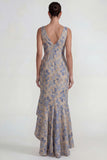Grey Blue V Neck Ruffled Jacquard Floral Long Mermaid Wedding Guest Dress with Slit