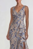 Grey Blue V Neck Ruffled Jacquard Floral Long Mermaid Wedding Guest Dress with Slit