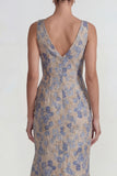Grey Blue V Neck Ruffled Jacquard Floral Long Mermaid Wedding Guest Dress with Slit