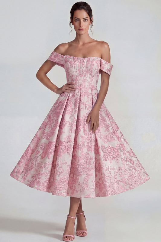 Pink A Line Off the Shoulder Corset Jacquard Long Wedding Guest Dress