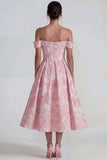 Pink A Line Off the Shoulder Corset Jacquard Long Wedding Guest Dress
