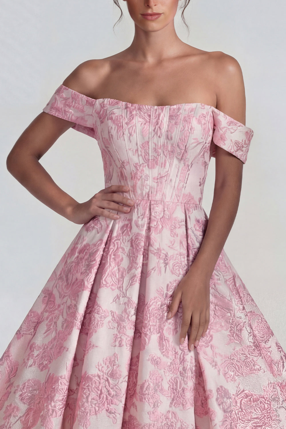 Pink A Line Off the Shoulder Corset Jacquard Long Wedding Guest Dress