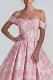 Pink A Line Off the Shoulder Corset Jacquard Long Wedding Guest Dress
