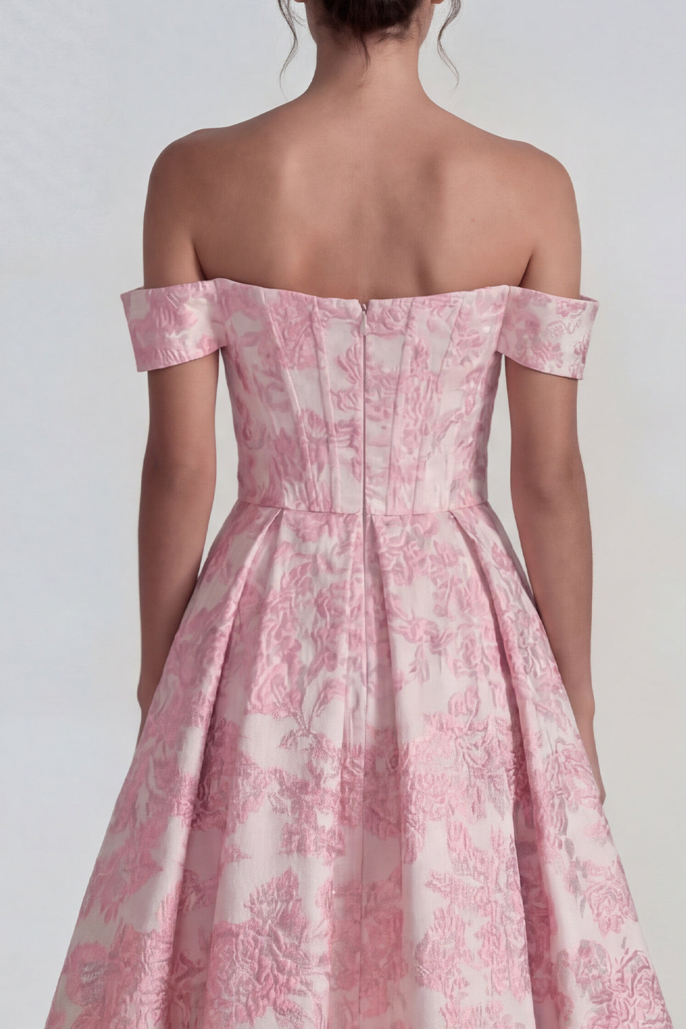 Pink A Line Off the Shoulder Corset Jacquard Long Wedding Guest Dress