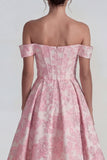 Pink A Line Off the Shoulder Corset Jacquard Long Wedding Guest Dress