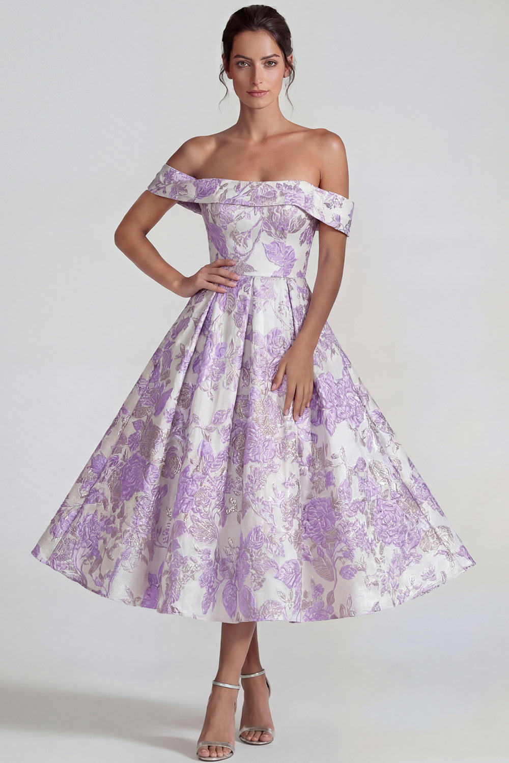Lilac Off the Shoulder A Line Jacquard Floral Long Wedding Guest Dress