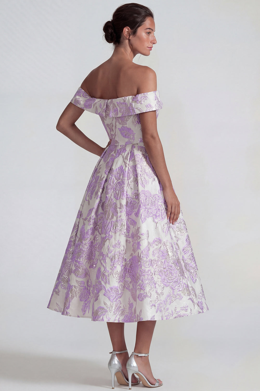 Lilac Off the Shoulder A Line Jacquard Floral Long Wedding Guest Dress