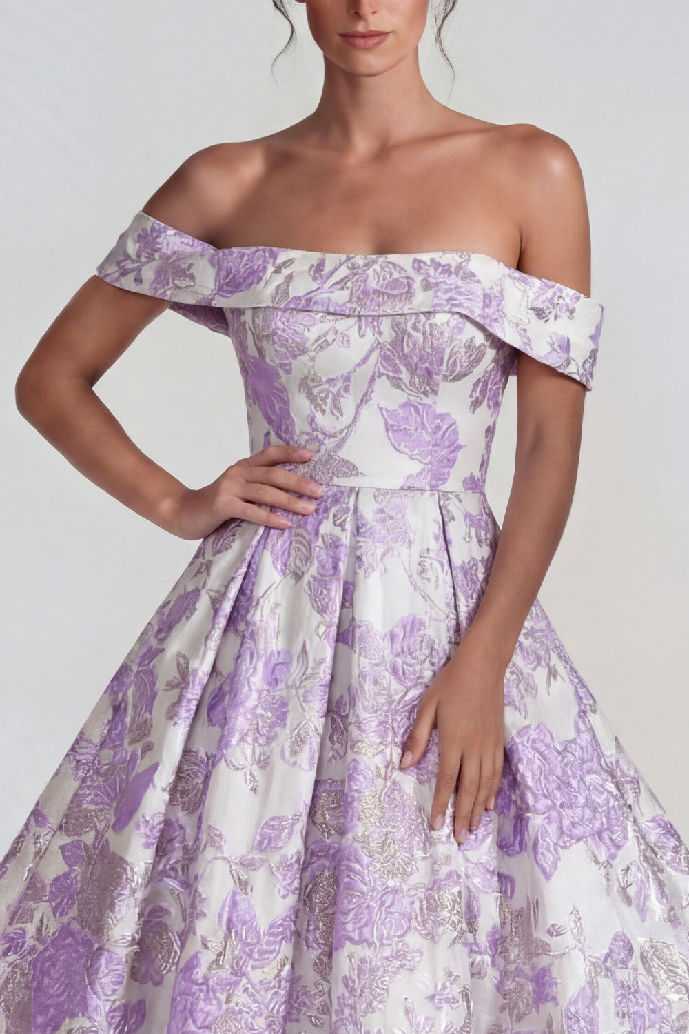 Lilac Off the Shoulder A Line Jacquard Floral Long Wedding Guest Dress