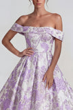 Lilac Off the Shoulder A Line Jacquard Floral Long Wedding Guest Dress