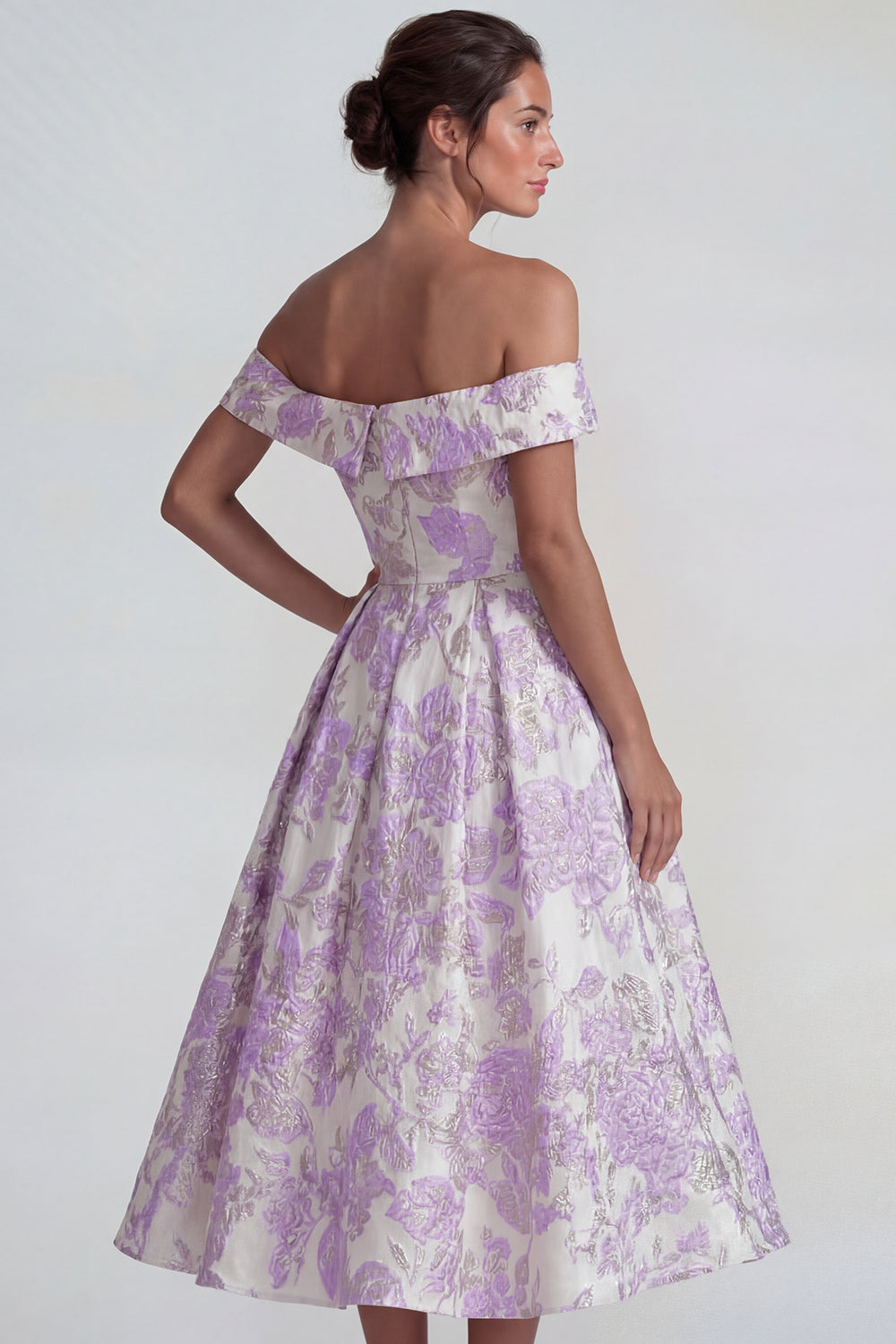 Lilac Off the Shoulder A Line Jacquard Floral Long Wedding Guest Dress