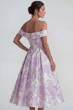 Lilac Off the Shoulder A Line Jacquard Floral Long Wedding Guest Dress