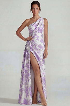 Lilac Sheath One Shoulder Jacquard Floral Long Formal Dress with Slit