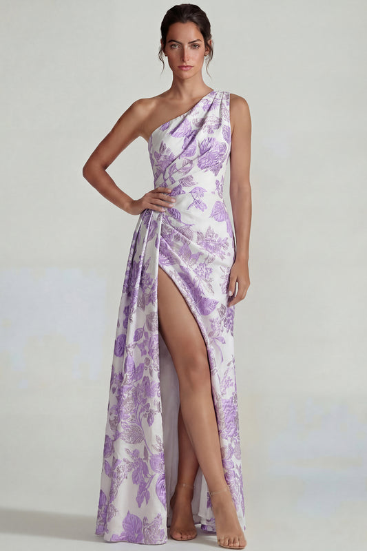 Lilac Sheath One Shoulder Jacquard Floral Long Formal Dress with Slit