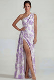 Lilac Sheath One Shoulder Jacquard Floral Long Formal Dress with Slit