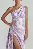 Lilac Sheath One Shoulder Jacquard Floral Long Formal Dress with Slit
