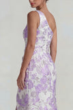 Lilac Sheath One Shoulder Jacquard Floral Long Formal Dress with Slit