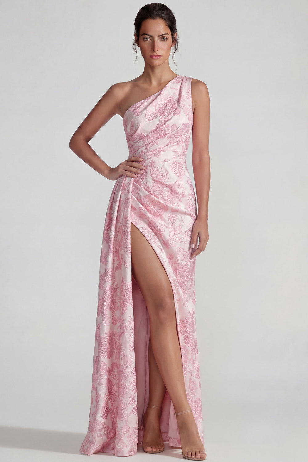 Lilac Sheath One Shoulder Jacquard Floral Long Formal Dress with Slit