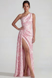 Lilac Sheath One Shoulder Jacquard Floral Long Formal Dress with Slit