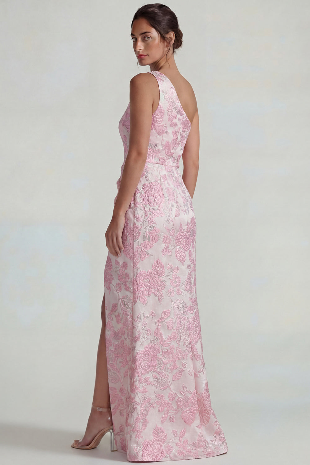 Lilac Sheath One Shoulder Jacquard Floral Long Formal Dress with Slit