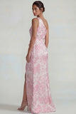Lilac Sheath One Shoulder Jacquard Floral Long Formal Dress with Slit