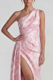Lilac Sheath One Shoulder Jacquard Floral Long Formal Dress with Slit