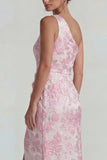 Lilac Sheath One Shoulder Jacquard Floral Long Formal Dress with Slit