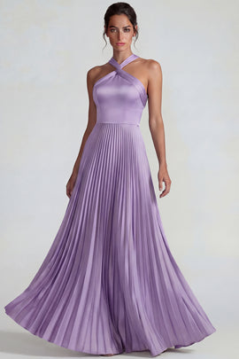 Lilac A Line Halter Pleated Satin Long Wedding Guest Dress